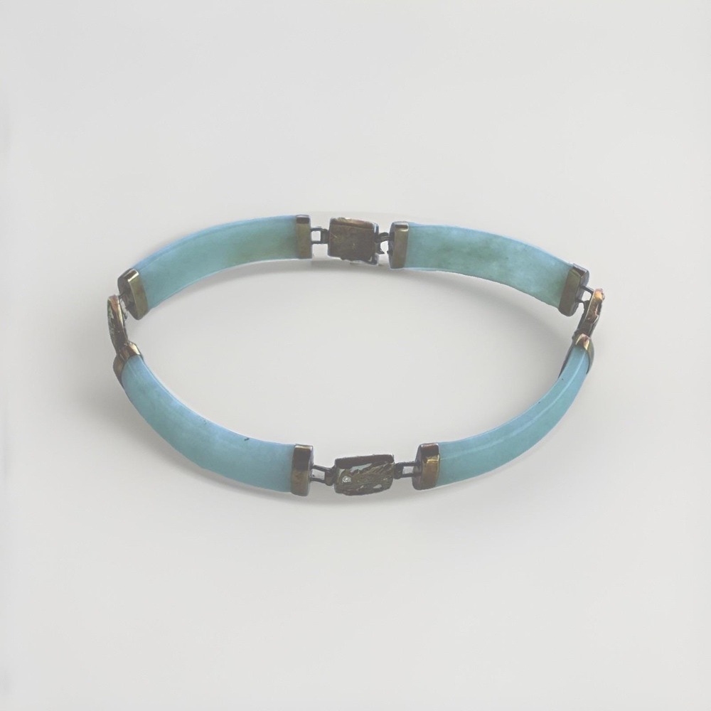 Vintage 14K Gold Green Jade Panel Link Bracelet 7.5" Hong Kong 14g